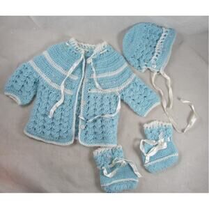 Infant Blue Knit Sweater 4pc Set Hat Booties Handmade Size 3-6 Mos Baby Boy VTG